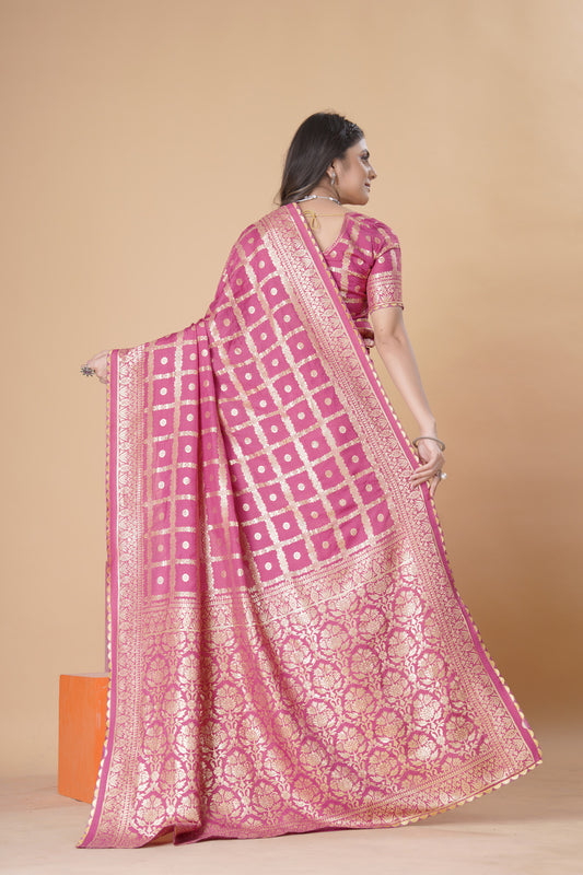 Coral Pink woven saree with blouse piece