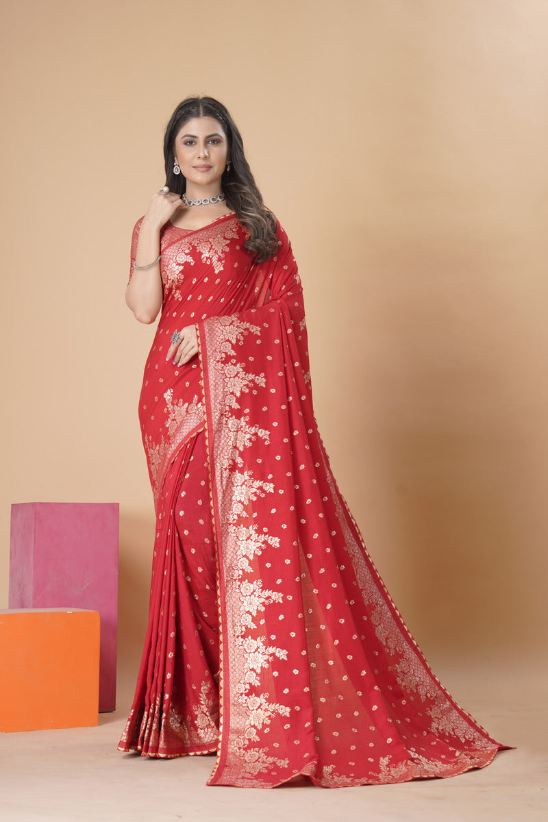 Red woven saree with blouse piece