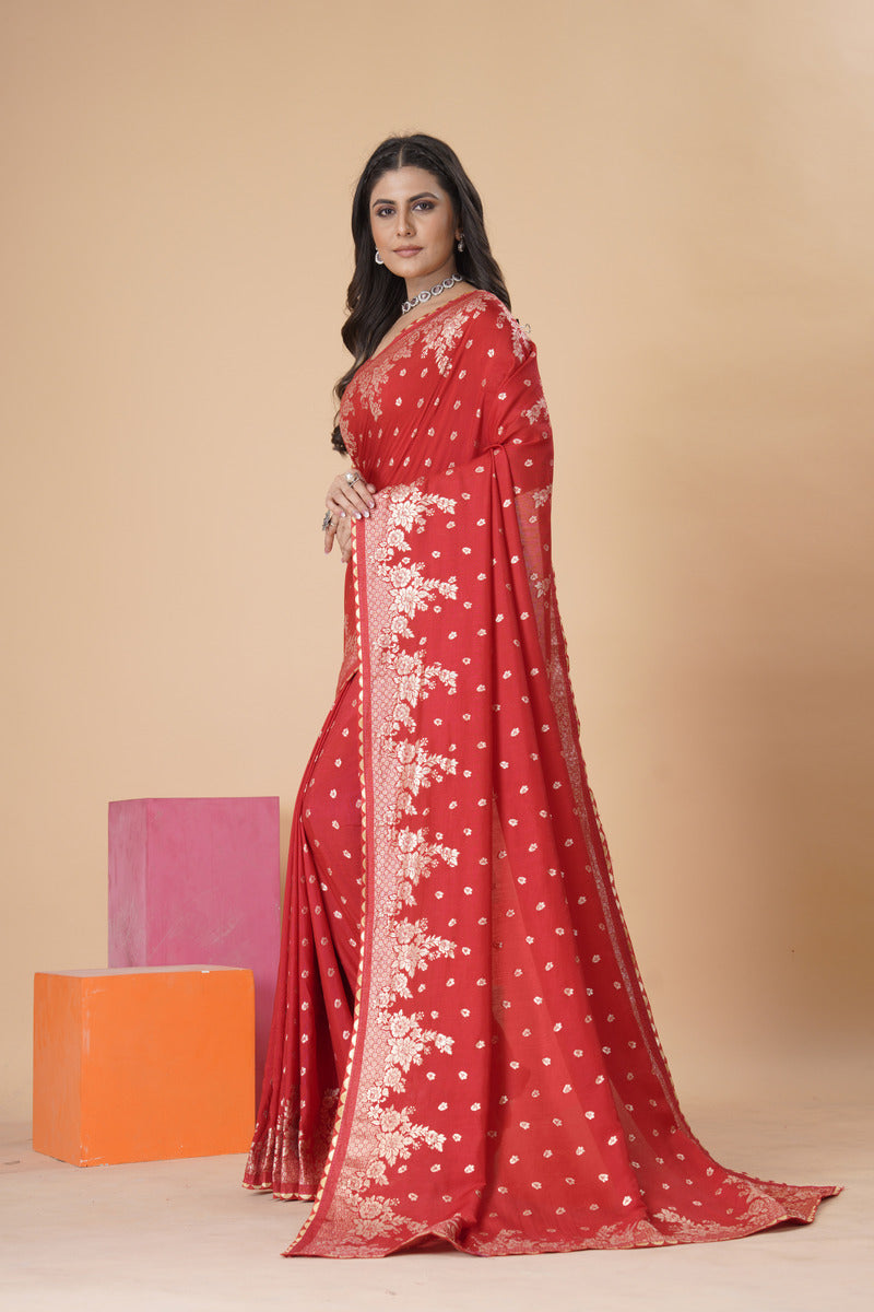 Red woven saree with blouse piece