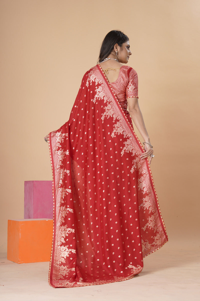 Red woven saree with blouse piece