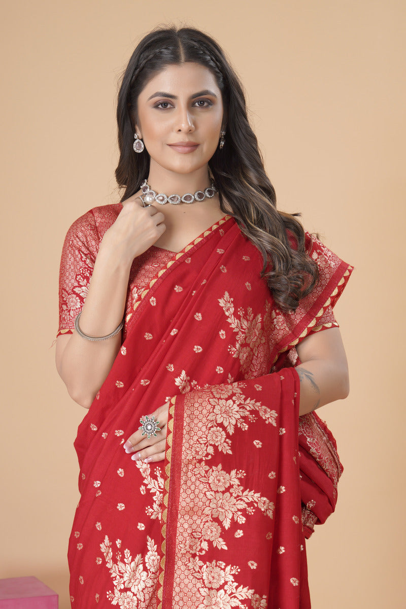 Red woven saree with blouse piece