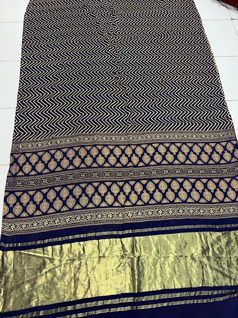 Blue Modal Gajji silk material with hand table printed