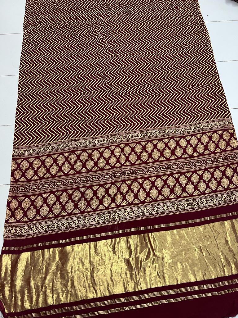 Brown Modal Gajji silk material with hand table printed