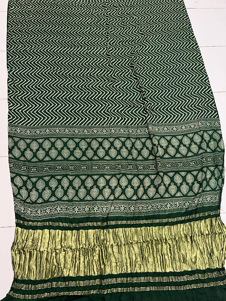 Green Modal Gajji silk material with hand table printed