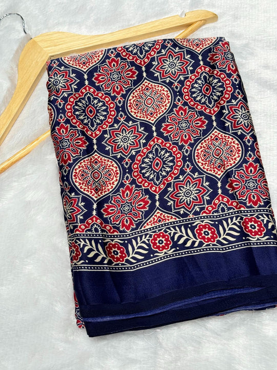 Blue Ajrakh Printed Soft Modal Silk Natural Print Saree