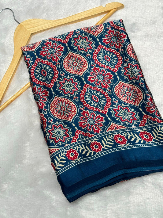 Indigo Morpich Ajrakh Printed Soft Modal Silk Natural Print Saree