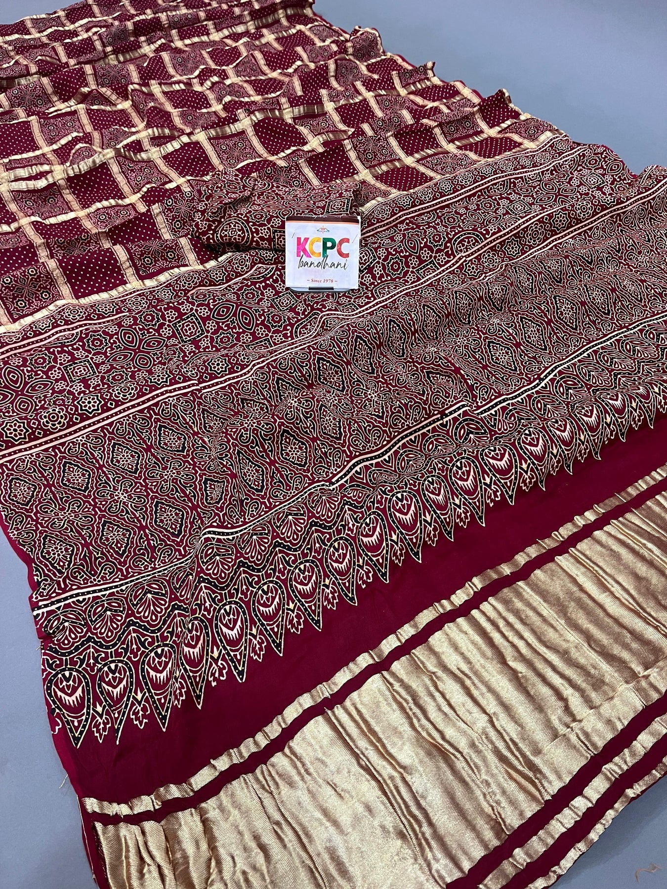 Pure Gaji Modal Silk Ajrakh Print Ghatchola Saree with blouse crafted by kutch bhuj karigars, aad Mehroon