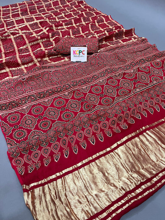 Pure Gaji Modal Silk Ajrakh Print Ghatchola Saree with blouse crafted by kutch bhuj karigars, aad Red