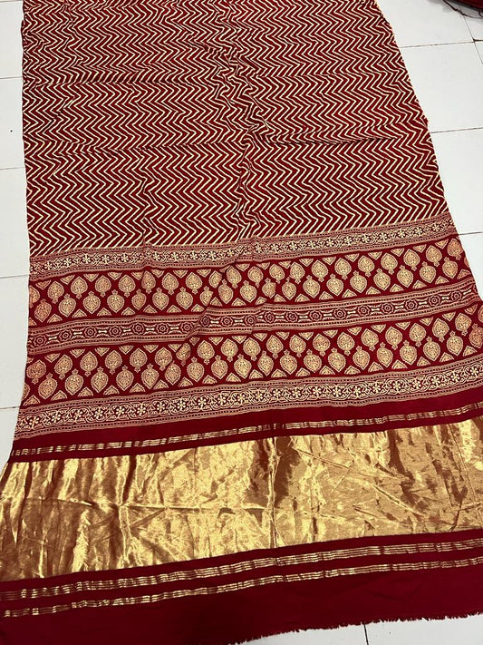 Maroon Modal Gajji silk material with hand table printed