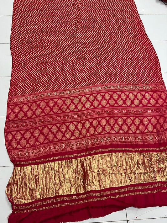 Red Modal Gajji silk material with hand table printed