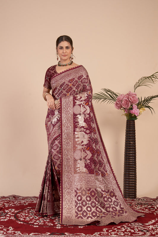 Maroon woven saree with blouse piece