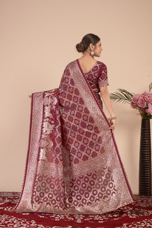 Maroon woven saree with blouse piece