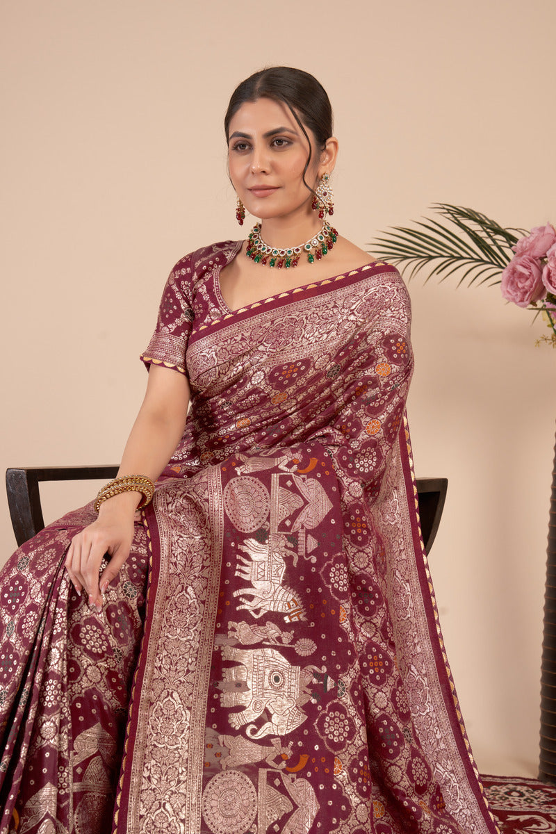 Maroon woven saree with blouse piece