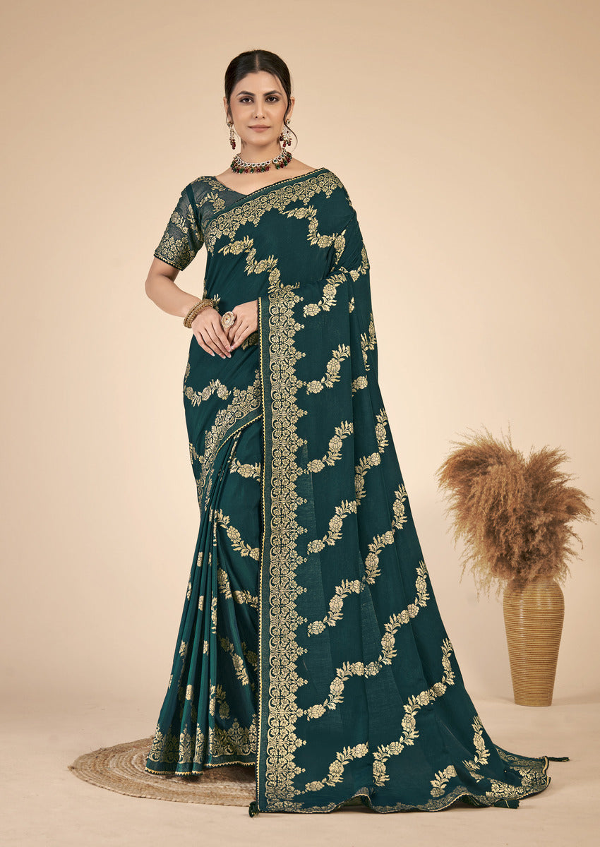 Bottle Green woven saree with blouse piece