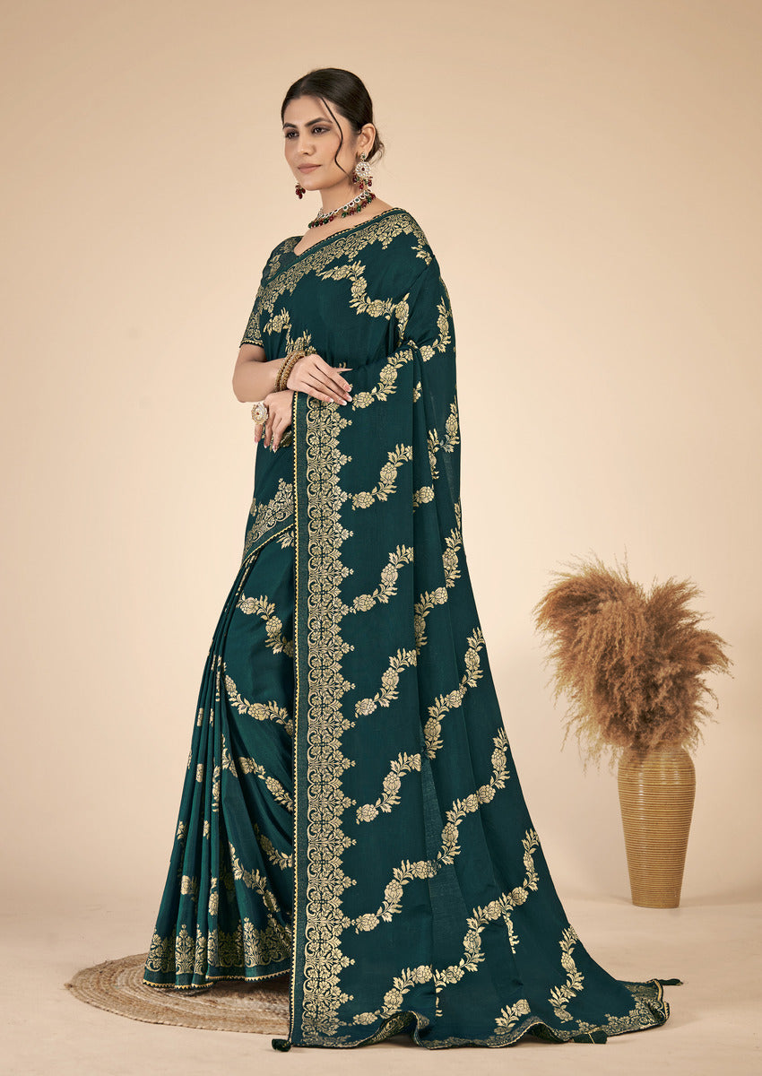 Bottle Green woven saree with blouse piece