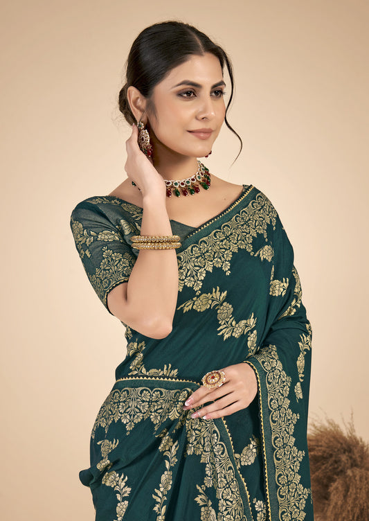 Bottle Green woven saree with blouse piece