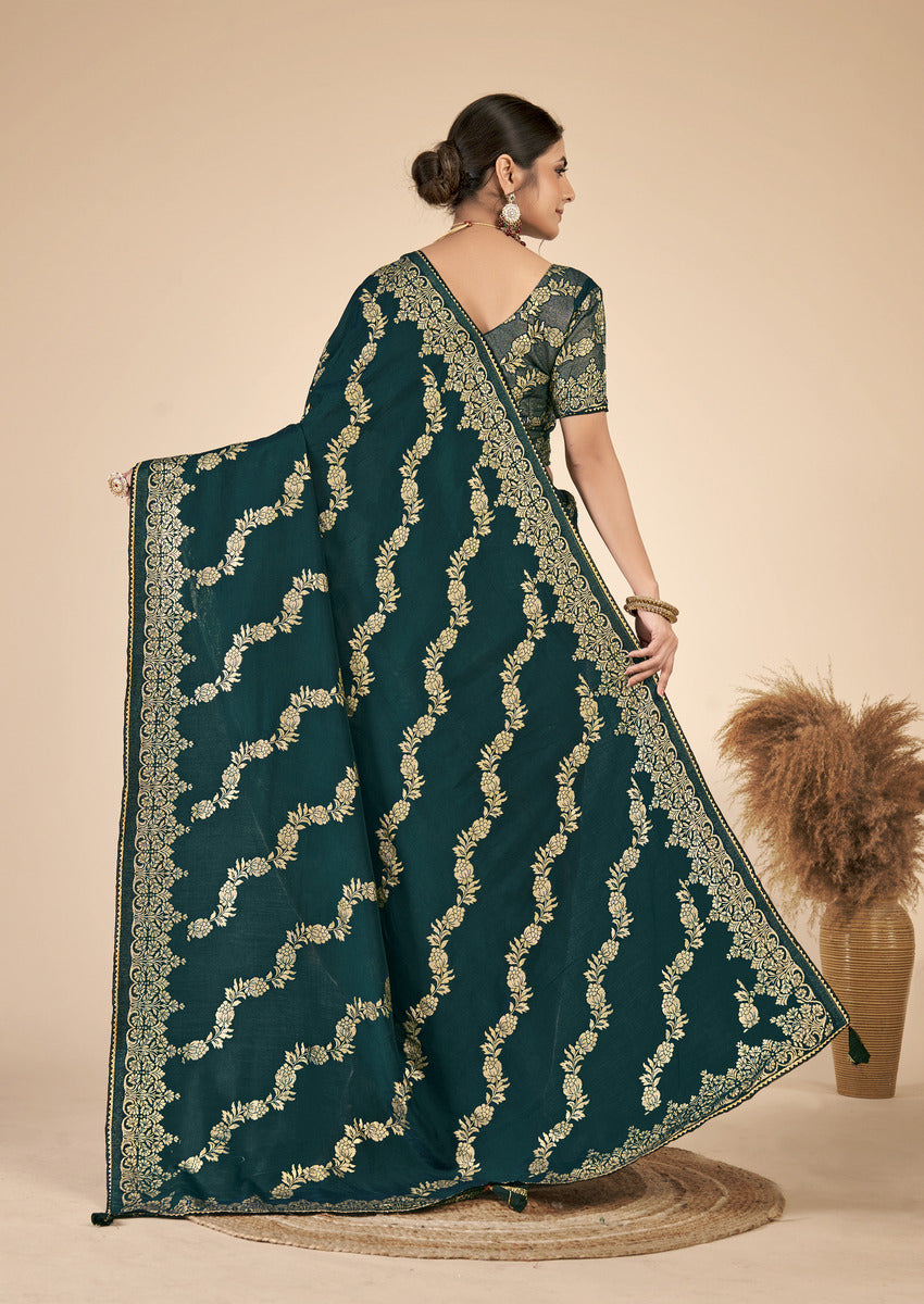 Bottle Green woven saree with blouse piece