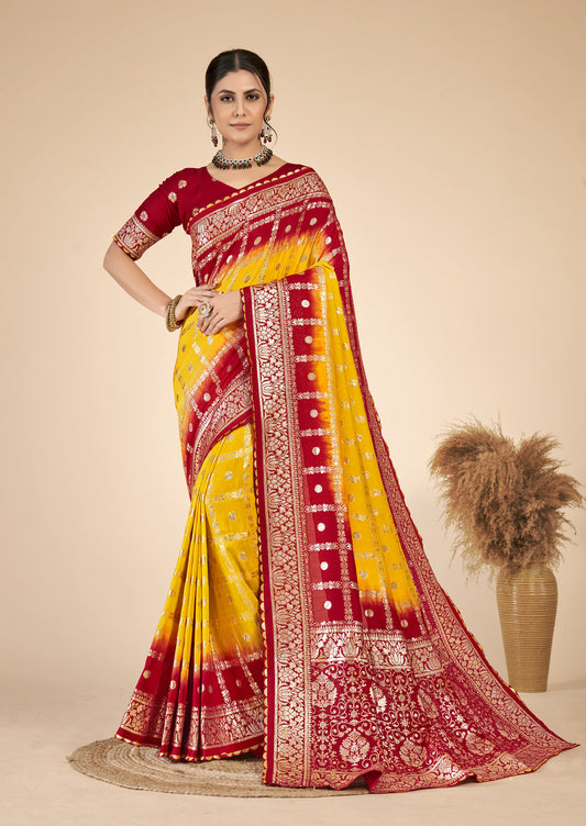 Yellow & Red woven saree with blouse piece