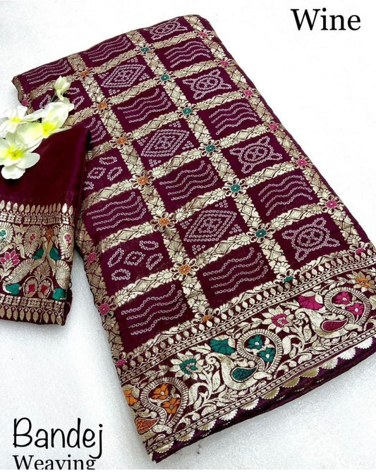 Purple Bandhani Ghatchola Meenakari Banarasi Saree with Blouse