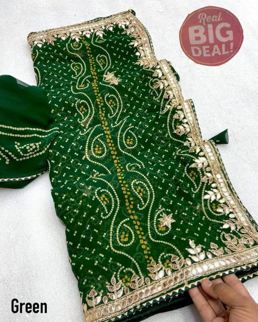 Green Georgette Bhandej Gota Pati Saree