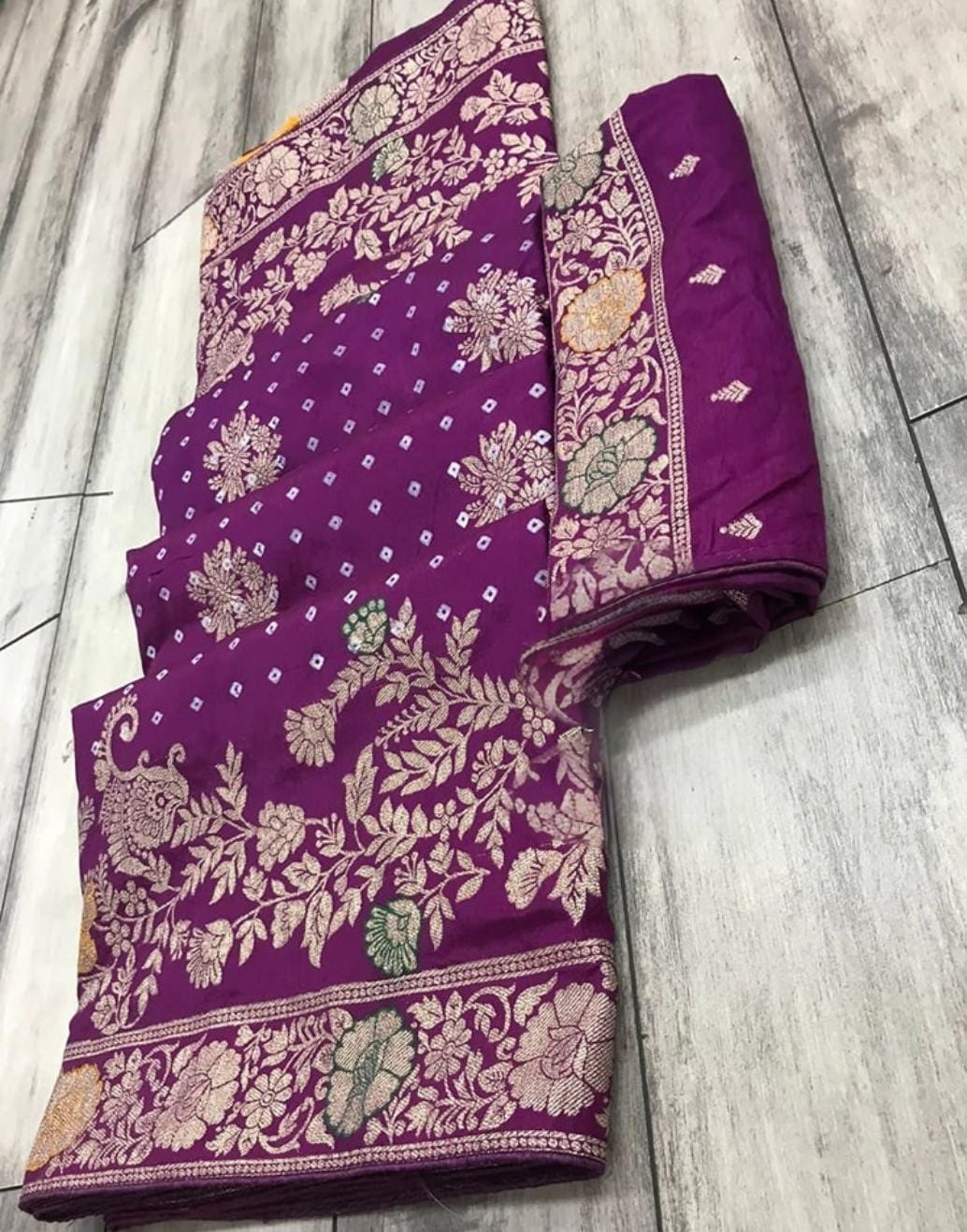 Purple Dola silk saree with Table print bandhej