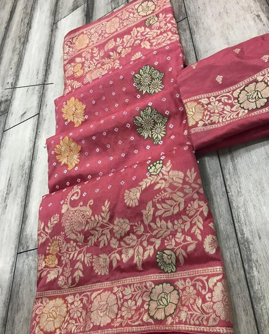 Peach Dola silk saree with Table print bandhej