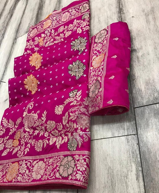 Pink Dola silk saree with Table print bandhej