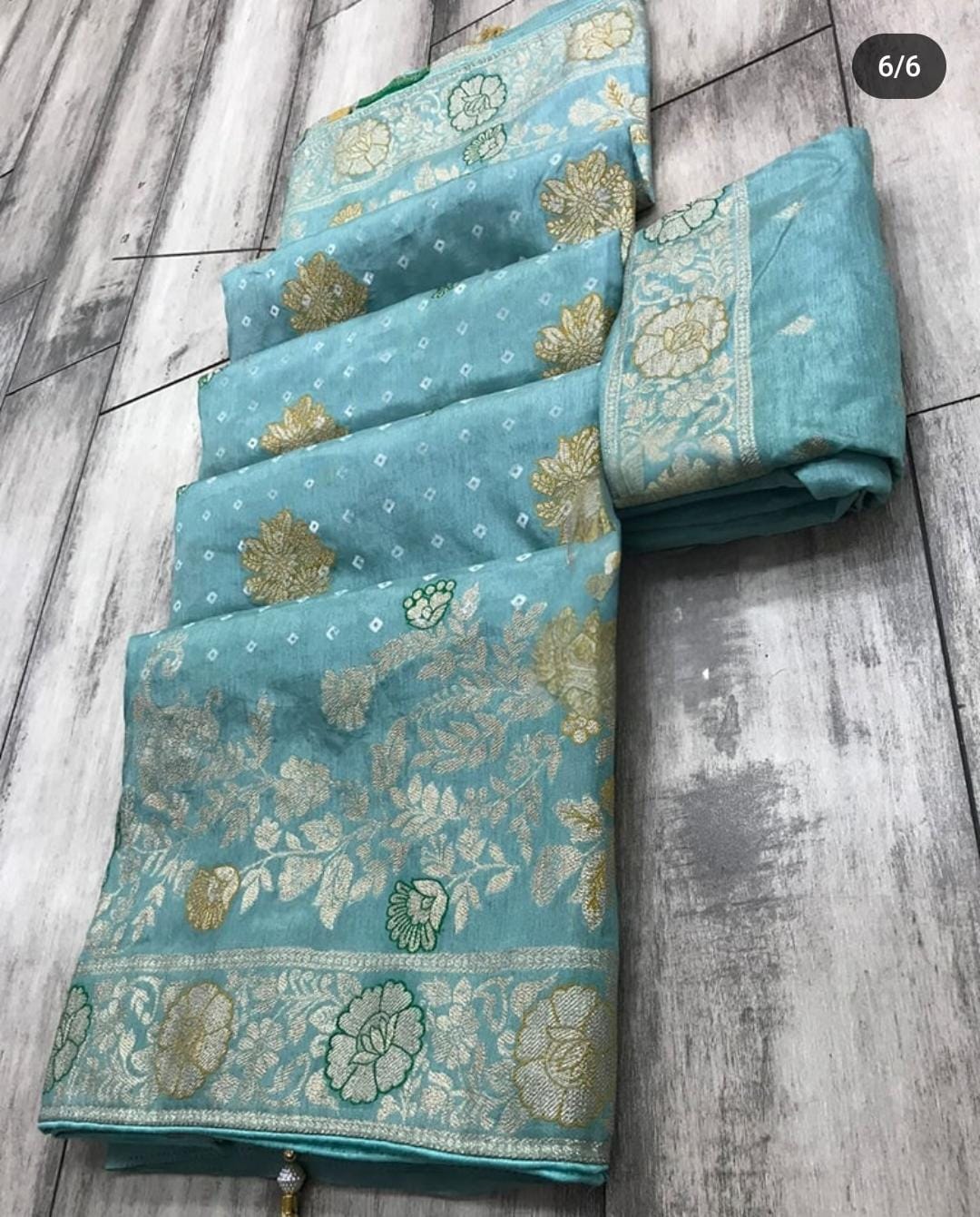 Light Blue Dola silk saree with Table print bandhej