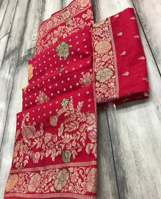 Red Dola silk saree with Table print bandhej